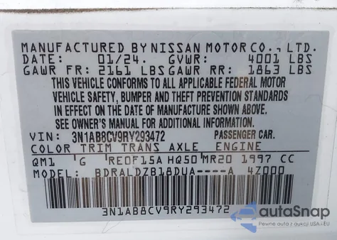 2024 Nissan Sentra Sv Xtronic Cvt из США, поврежденный, VIN 3N1AB8CV9RY293472